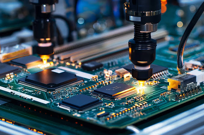 SMT pick-and-place machine soldering components onto a circuit board